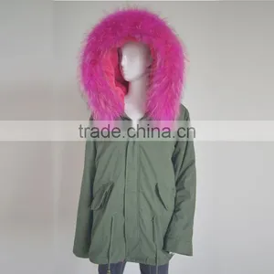 Myfur Long Parka With Rose Hot Pink Raccoon Fur Hood For Ladies thumbnail-2