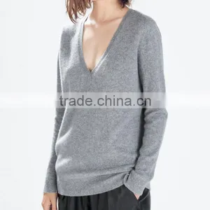 2017 Fall Women Gray Deep V-neck Cashmere Jumper thumbnail-1