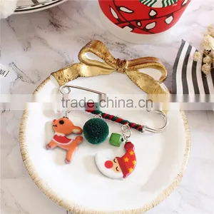 Resin Christmas Pin Brooches Pom Pom Ball Deer Silver Tone Multicolor Safety Pin Brooch thumbnail-1