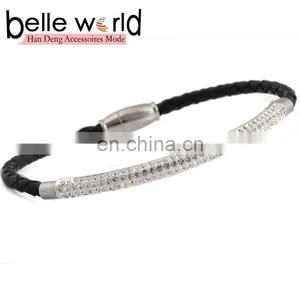 Fashion Leather Braid Titanium Steel Bracelet With Rhinestone thumbnail-1