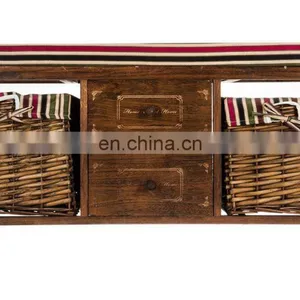 WOOD WICKER SEAT DRAWER STORAGE CABINET CUPBOARD HALLWAY FURNITURE SHOE RACK thumbnail-4