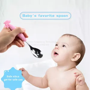 Baby Food Stainless Steel Tableware Training Fork Soup Rice Spoon Silicone Baby Spoon Fork thumbnail-1