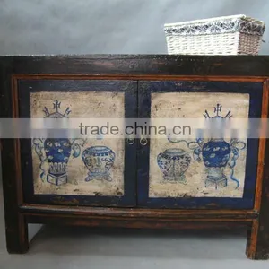 Chinese Antique Rustic Reclaimed Wood Hand Painted Mongolia Cabinet thumbnail-1
