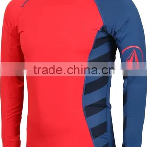 92% Polyester 8% Spandex (Lycra) Crew Neck Long Red Blue Compression Shirt / Rash Guard With Sublimated Side Panels thumbnail-1