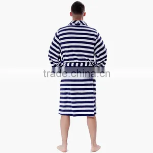 Men Women Plus Size Coral Fleece Navy Stripe Warm Bath Robe Pyjama Dressing Gown Sleepwear Bathrobe For Couples thumbnail-5