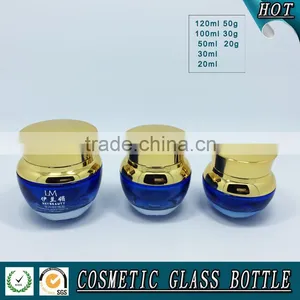 Bule Colored Glass Cosmetic Serum Bottle and Glass Cosmetic Cream Jar With Gold Pump Lid thumbnail-4