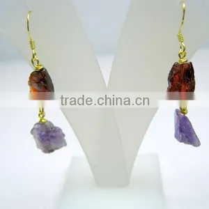 Amethyst & Garnet Raw Gemstone Dangler 925 Sterling Silver Earring Jewelry, Rough Gemstone Dangle Earring thumbnail-1