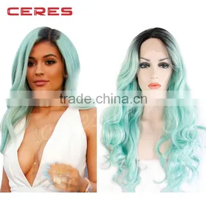 Lace Front Black Green Ombre Wig Long Wavy Curly High Temperature Synthetic Wig thumbnail-1