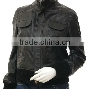 Rib Style Bomber Fashion Leather Jacket thumbnail-1