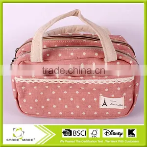 Double Layer Cosmetic Bag Pink With White Dot Travel Toiletry Cosmetic Makeup Bag Organizer! thumbnail-1