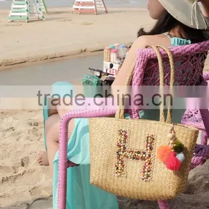 Long Handle, Tote Straw Beach Bag, Pompom Beach Bag thumbnail-3
