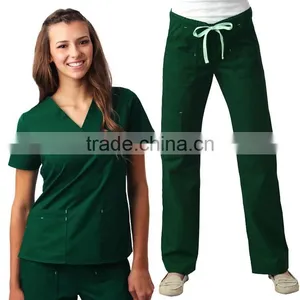 Green Top and Cargo Pants With Contrast Bar Tacks Medical Scrub Uniform Set thumbnail-1