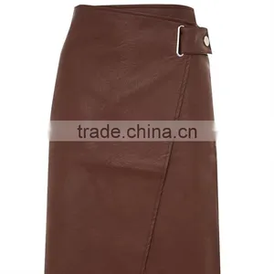 2017 OEM Spring Elegant Snap Wrap Midi Faux Leather Skirt thumbnail-5