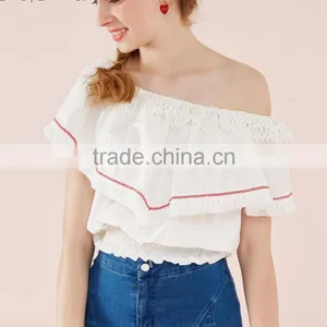 2017 Latest Fashion Design Lotus Leaf Sleeve Sexy Ladies Top Women Blouse for Wholesale thumbnail-1