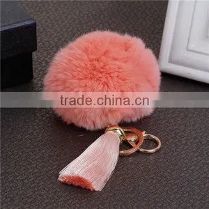Gold Plated Korea Pink Angora Pom Pom Ball Peachy Beige Rayon Tassel Key Chain thumbnail-1
