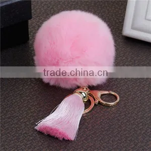 Gold Plated Pink Angora Pom Pom Ball Rayon Tassel Custom Key Chain thumbnail-1