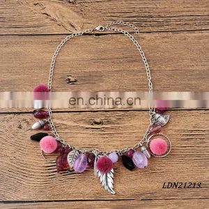 Pompom Metal Chain Leaf Loopy Circles Necklaces thumbnail-1