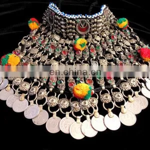 Afghani Belly Dance Costume Set - Afghan Kuchi Necklace- Kuchi Pendants - Turquoise Necklace- Belly Dance Coins Tribal Necklace thumbnail-1