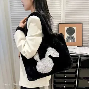 34Autumn and Winter Plush Bag Square Large Capacity Tote Women's Bag Soft Handbag Shoulder Cute Rabbit Pattern Fashion Fur Bag Wholesale thumbnail-5
