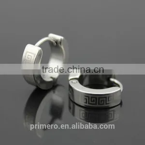 Classic 316L Stainless Steel Small Huggie Hoop Men Great Wall Pattern Silver Black Earrings thumbnail-3