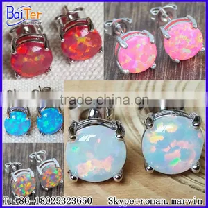 Man Made Synthetic Birthstone Opal Earring Stud Jewelry S925 Fire Opal Body Jewelry/925 Sterling Silver Round Opal Stud Earring thumbnail-3