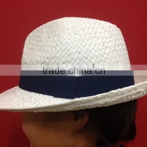 White Woven Paper Straw Hat With Woven Band thumbnail-2