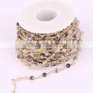 Natural Grey Agate Faceted Round Bead Chain, Gold Wire Wrapped Rosary Chain Necklace Jewelry Findings thumbnail-1