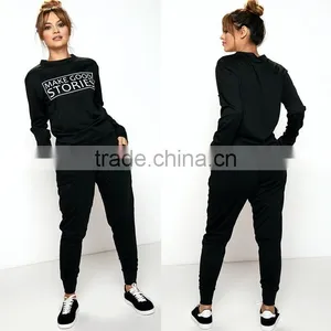 Women Cheap Fashion Tracksuit Black Plain Loungewear Set Casual Tech Fleece Polyester Elastane Tracksuits Designs thumbnail-1