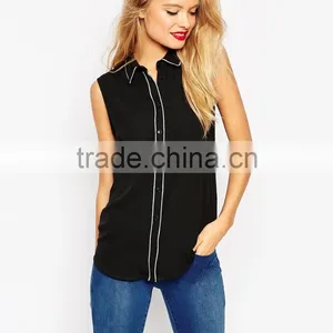 China Factory OEM ODM 2015 New Fashion Customized Sleeveless Blouse With Contrast Piping thumbnail-1