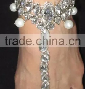 Silver Crystal Pearl Payal ANKLETS Feet Bracelet Pair Barefoot Sandal thumbnail-1