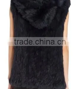 YR253 Latest Design Women Hooded Hand Knit Rabbit Fur Waistcoat thumbnail-2