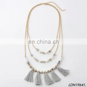 Layered Gray Tassel Pendant Gold Necklaces Quartz Beaded Necklace Jewelry thumbnail-2