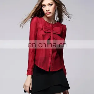 Fashion Red Color Bowknot Round Neck Lond Sleeves Office Lady Linen Shirt Blouse thumbnail-2