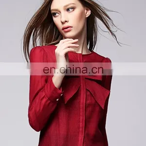 Fashion Red Color Bowknot Round Neck Lond Sleeves Office Lady Linen Shirt Blouse thumbnail-6