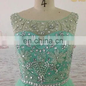 Mint Green Beaded Rhinestones Champagne Color Tulle Long Floor Length High Neck Cap Sleeve Backless Evening Dresses Prom Dress thumbnail-3