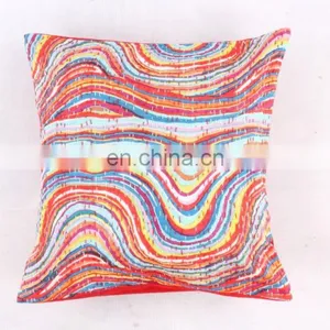Red Stripe Kantha Cushion Cover Indian Cotton Handmade Kantha Throw Pillow Cover Hande Quilted Decorative Cushion Cover Art thumbnail-1