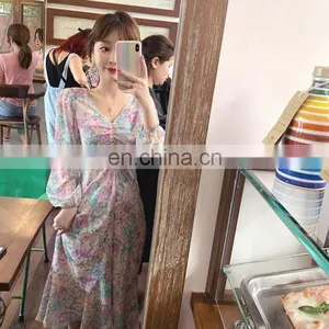 Puff Sleeve V-neck Floral Chiffon Dress Women Spring/summer 2020 New French Retro Gentle Style Skirt thumbnail-2
