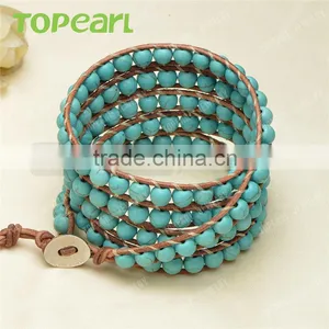 Topearl Jewelry Turquoise Fashion Bracelet Woven Leather Wrap Bracelet 33.5 Inches CLL135 thumbnail-2