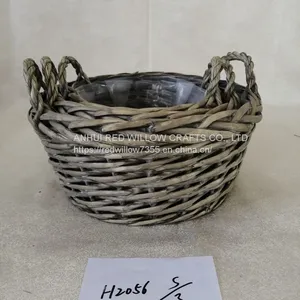 Grey Painted Willow Basket Of Different Shape With Ears And Clear Foil Inside thumbnail-1