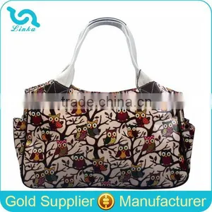 Custom Owl Pattern Oilcloth Tote Bags Lady Shopper Bag Owl Printed Tote Bag thumbnail-1