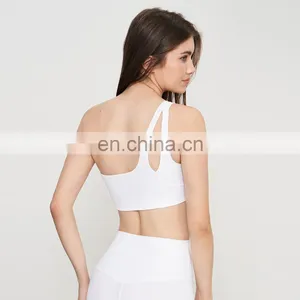 Ribbed One Shoulder Hollow Crop Soft Sports Custom Bras High Quality Backless Yoga Tops thumbnail-2