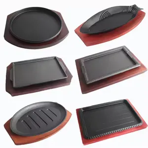 Wholesale Cookware Sets Round Sizzling Plate Fajita Teppanyaki Pan 24cm Black Cast Iron Steak Plate With Wooden Base thumbnail-3