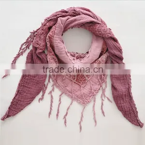 Cotton Flower Plain Triangle Scarf With Short Tassel Fringe thumbnail-2
