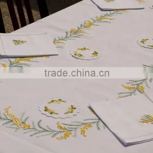Hand Embroidered Mimosa Design Table Set. thumbnail-1