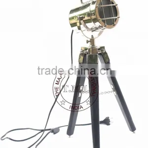 NAUTICAL SPOTLIGHT LAMP ON STAND - NICKEL PLATED SEARCHLIGHT ON WOODEN BLACK TRIPOD STAND thumbnail-1