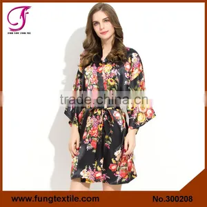 FUNG 3002 Ladies'Knee Length Floral Black Satin Robe thumbnail-1