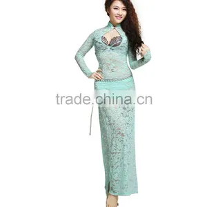 Wuchieal High Elastic Lace Belly Dance Practice Dress Bellydancing Costume With Long Sleeves thumbnail-2