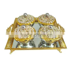Gold Crystal Decorated Dry Fruit 4 Pcs Bowl Set With Serving Tray, Salad Bowl Set thumbnail-1