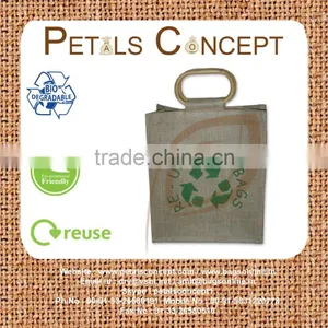 Re-usable Jute Bag With Wooden Cane Handle thumbnail-1