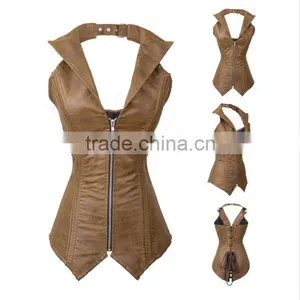 Women 16 Double Steel Bone Leather Fabrics Zippered With Thick Rope Tie Belt Overbust Shaper Corset thumbnail-2